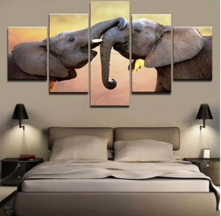 Cuddling Mother and Child Elephant Canvas (5 Piece)
